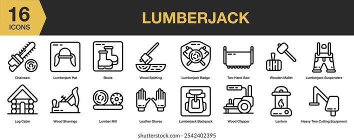 Lumberjack icon set. Includes wooden mallet, splitting, shavings, chipper, saw, and More. Outline icons vector collection.