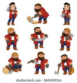 Lumberjack icons set. Cartoon set of lumberjack vector icons for web design