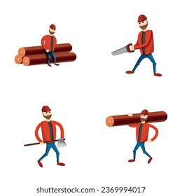 Lumberjack icons set cartoon vector. Man woodcutter while working. Logging industry