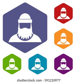 Lumberjack icons set rhombus in different colors isolated on white background
