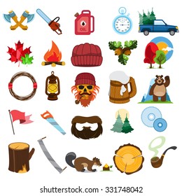 Lumberjack icons, lumberjack symbols, lumberjack characters with tools, sawmill