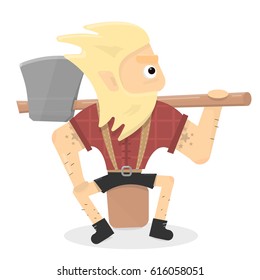 Lumberjack illustration. Cartoon character is a brutal man with an axe sitting on a stump.