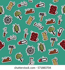 Lumberjack isometric color icons pattern of woodworking tools lumber trucks and other isolated vector illustration