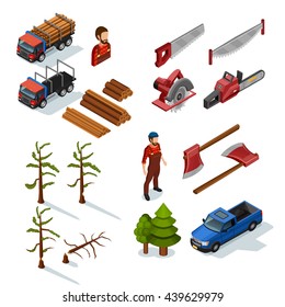 Lumberjack isometric color icons set of woodworking tools lumber trucks woodcutters in uniform  on white background flat isolated vector illustration   