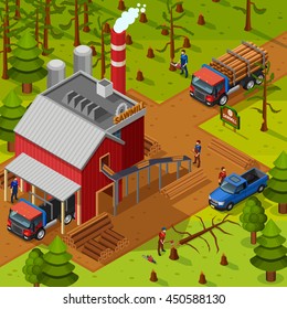 Lumberjack isometric composition with sawmill building vehicles for logs transportation and woodcutters on forest background flat vector illustration   