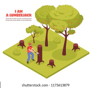 Lumberjack isometric composition with woodcutter chopping trees in forest with hand axe vector illustration  