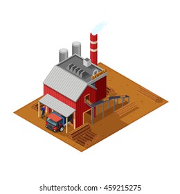 Lumberjack isometric concept with sawmill house timber truck sawn wood and driver monitoring unloading flat vector illustration 