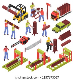 Lumberjack isometric icons set of workers sawing trees and logs with hand saw and  saw frame equipment isolated vector illustration  