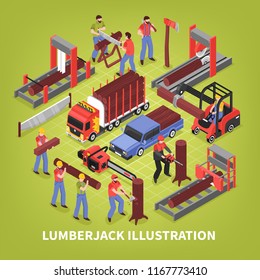 Lumberjack isometric vector illustration with sawmill workers and special trucks for timber transportation 