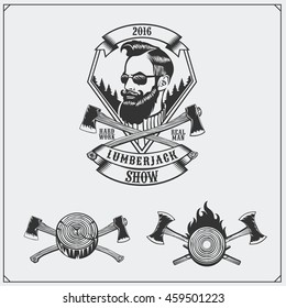 Lumberjack label, axes and design elements. Hipster vintage style. Vector illustration.