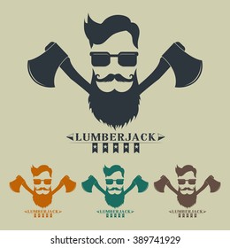 Lumberjack label, logo, t-shirt design with illustrated man in beard and glasses with axes Vector illustration