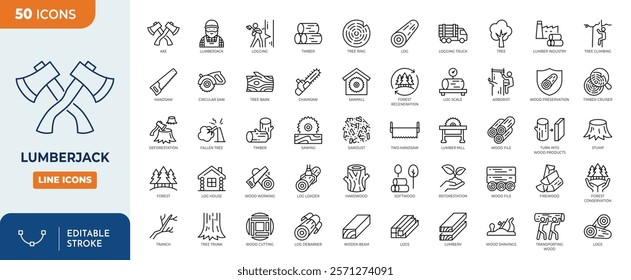 Lumberjack line editable icon set. Containing axe, chainsaw, timber, logging, forest, felling, hardwood, softwood, sawdust and more. Vector illustration