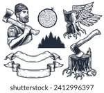 Lumberjack or logger with axe, ax of carpenter. Set of elements for woodworker. Monochrome axeman