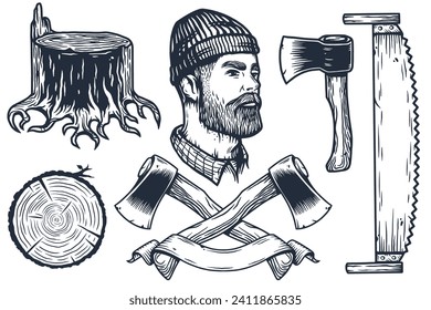 Lumberjack or logger with axe, ax of carpenter. Set of elements for woodworker. Monochrome axeman