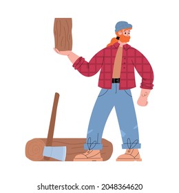 Lumberjack or logger male cartoon character chops a tree trunk for firewood, flat vector illustration isolated on white background. Lumberjack and logging, woodcutting.