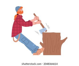 Lumberjack or logger man chopping huge tree trunk with axe, flat vector illustration isolated on white background. Lumberjack and logging industry worker.