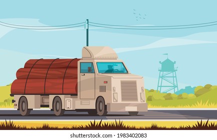 Lumberjack Logging Truck Timber Lorry On Road Transporting Sawn Tree Trunks Logs Closeup Cartoon Composition Vector Illustration