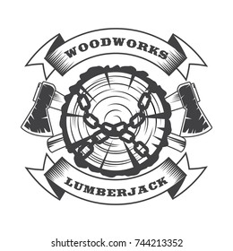 Lumberjack logo with chains and axes isolated on white background. Vector illustration.