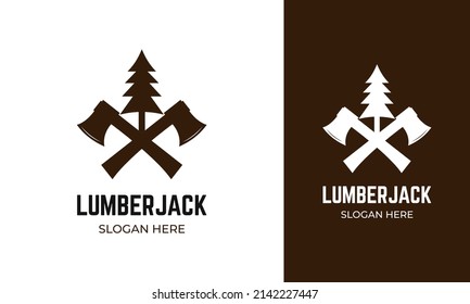 Lumberjack logo design. Axe and pine tree icon for carpenter identity. Woodworker symbol