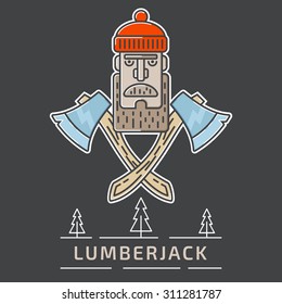 Lumberjack logo illustration with the lamber head and axes in the center and hipster text with trees in the bottom. Fully editable vector illustration. Perfect for last trend logotypes