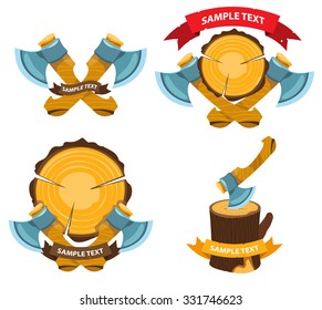 Lumberjack logo label with axes, sawmill, logos with ribbon
