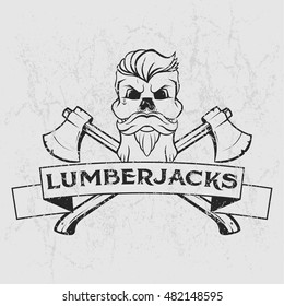 Lumberjack logo, t-shirt design with illustrated beard, skull, axes and ribbon. Hand drawn illustration.