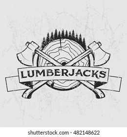 Lumberjack logo, t-shirt design with illustrated wood, trees, axes and ribbon. Hand drawn illustration.