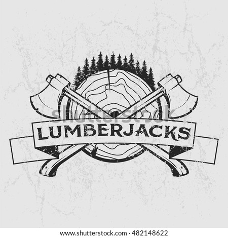 Lumberjack logo, t-shirt design with illustrated wood, trees, axes and ribbon. Hand drawn illustration.