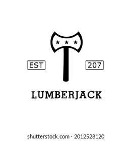 Lumberjack logo with two axes, line logo type. in black and white style.
