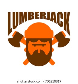 Lumberjack logo. Woodcutter sign. lumberman symbol. feller with beard and axes.
