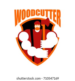 Lumberjack logo. Woodcutter sign. lumberman symbol. feller with beard and axes. Vector illustration
