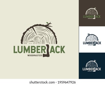 Lumberjack of lumber wood emblem with axe for camping, carpentry or woodworking design. Colored set
