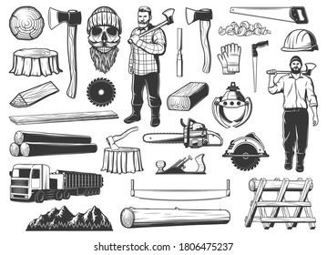 Lumberjack, lumbering and logging wood icons, lumber and forestry industry, vector. Lumberjack logger woodwork man skull beard in hat, woodcutter axe, saw and logging machine, tree logs and stumps