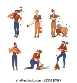 Lumberjack male characters cutting trees set. Loggers or woodcutters in workwear vector illustration