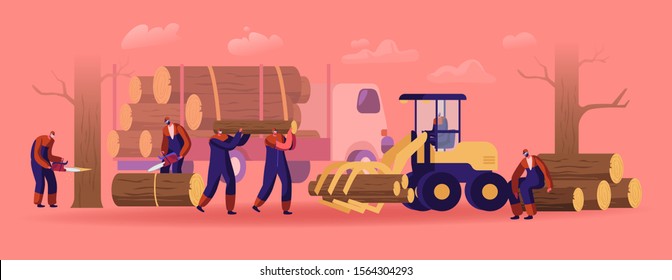 Lumberjack Male Characters in Working Overalls with Truck, Equipment and Tools Logging in Forest. Woodcutters Using Chainsaw Cutting Wooden Log. Lumber Workers Job. Cartoon Flat Vector Illustration