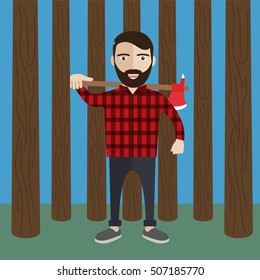 Lumberjack man with axe in the forest