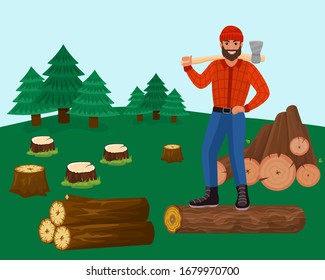 Lumberjack man with axe in forest vector illustration. Happy smiling male character woodcutter works to cutting down trees for timber and logs. Coniferous forest with spruces and stumps.
