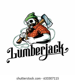 Lumberjack man with axe and Smoking pipe the shirt