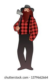Lumberjack man in cartoon style with long beard and ax, wearing hat and plaid shirt isolated on white background
