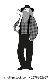 Lumberjack man in cartoon style with long beard and ax, wearing hat and plaid shirt isolated on white background