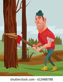 Lumberjack man character chopping wood. Vector flat cartoon illustration