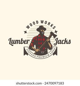 lumberjack man hold the ax vintage badge logo vector illustration