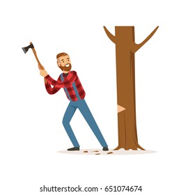 Lumberjack man in a red checkered shirt cutting tree with an axe colorful character vector Illustration