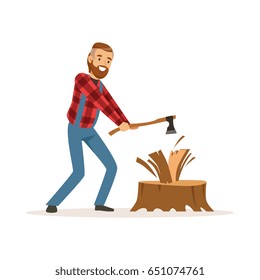 Lumberjack man in a red checkered shirt chopping wood with an axe colorful character vector Illustration