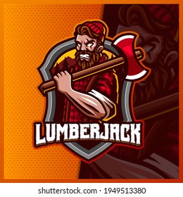 Lumberjack mascot esport logo design illustrations vector template, Angry Lumberjack with Axe logo for team game streamer banner