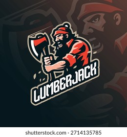 Lumberjack Maskottchen Logo Design Vektor. Holzfällergrafik mit Axt in der Hand.
