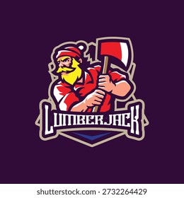 Lumberjack mascote logotipo design vetor. Ilustração de lenhador com machado na mão.