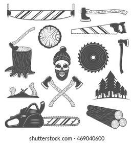 Lumberjack monochrome elements set with working tools round timber spruce forest emblem of woodcutter isolated vector illustration