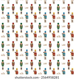 Lumberjack Nutcracker Soldiers Seamless Pattern. Vector Illustration of Merry Christmas and Happy New Year Holiday Background. Winter Seasonal Greetings. Flat Style.