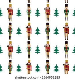 Lumberjack Nutcracker Soldiers Seamless Pattern. Vector Illustration of Merry Xmas and Happy New Year Holiday Background. Christmas Tree. Winter Seasonal Greetings. Flat Style.